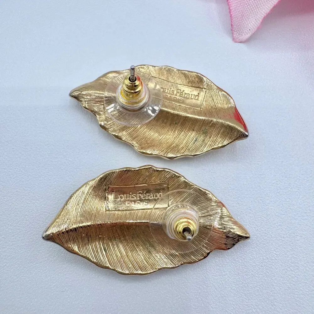 Vintage Louis Feraud Leaf Paris Earrings Gold Tone Chic Fall Autumn Luxe Signed - Picture 6 of 8